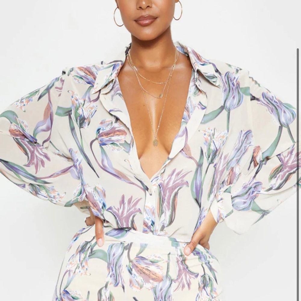 2 piece floral set long sleeve blouse & high waisted flare leg pants.